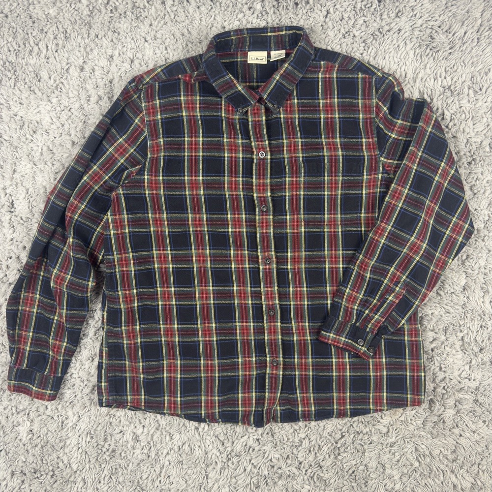 Vintage LL Bean Womens XL Scotch Plaid Black Stewart Flannel Shirt Button Up